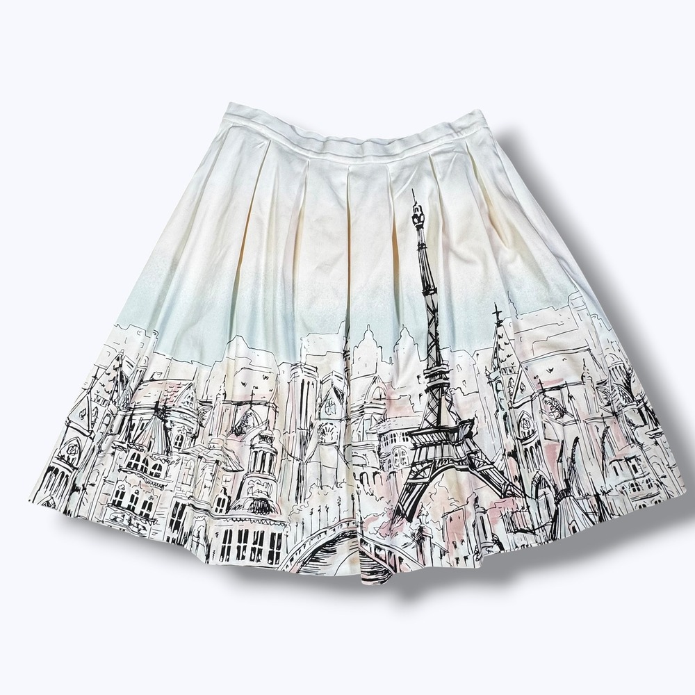 Elle Paris Art Print Midi Skirt 12 Pleated A Line City Scene Graphic Novelty - Picture 3 of 13
